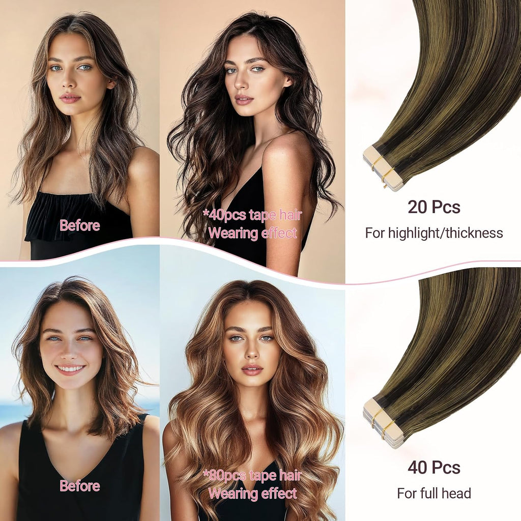 MAXITA Tape in Hair Extensions Human Hair Balayage Dark Brown to Chestnut Brown 20 inch 100g 40pcs Real Human Hair Extensions Natural Hair Extensions Remy Straight Hair