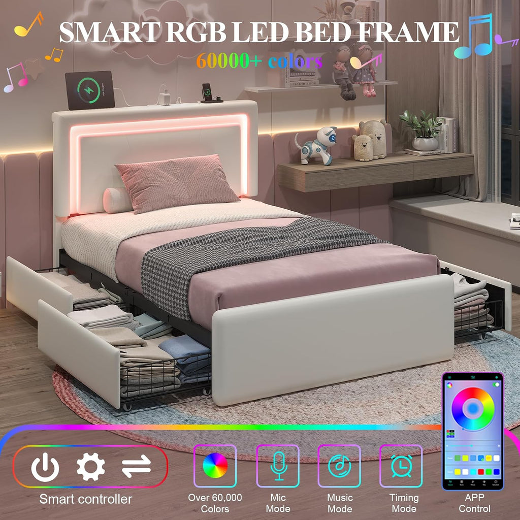 LoVinson Twin Size Bed Frame with 4 Storage Drawers, Charging Station and LED Light, Adjustable Upholstered Headboard, Noise-Free, No Box Spring Needed, Easy Assembly, White