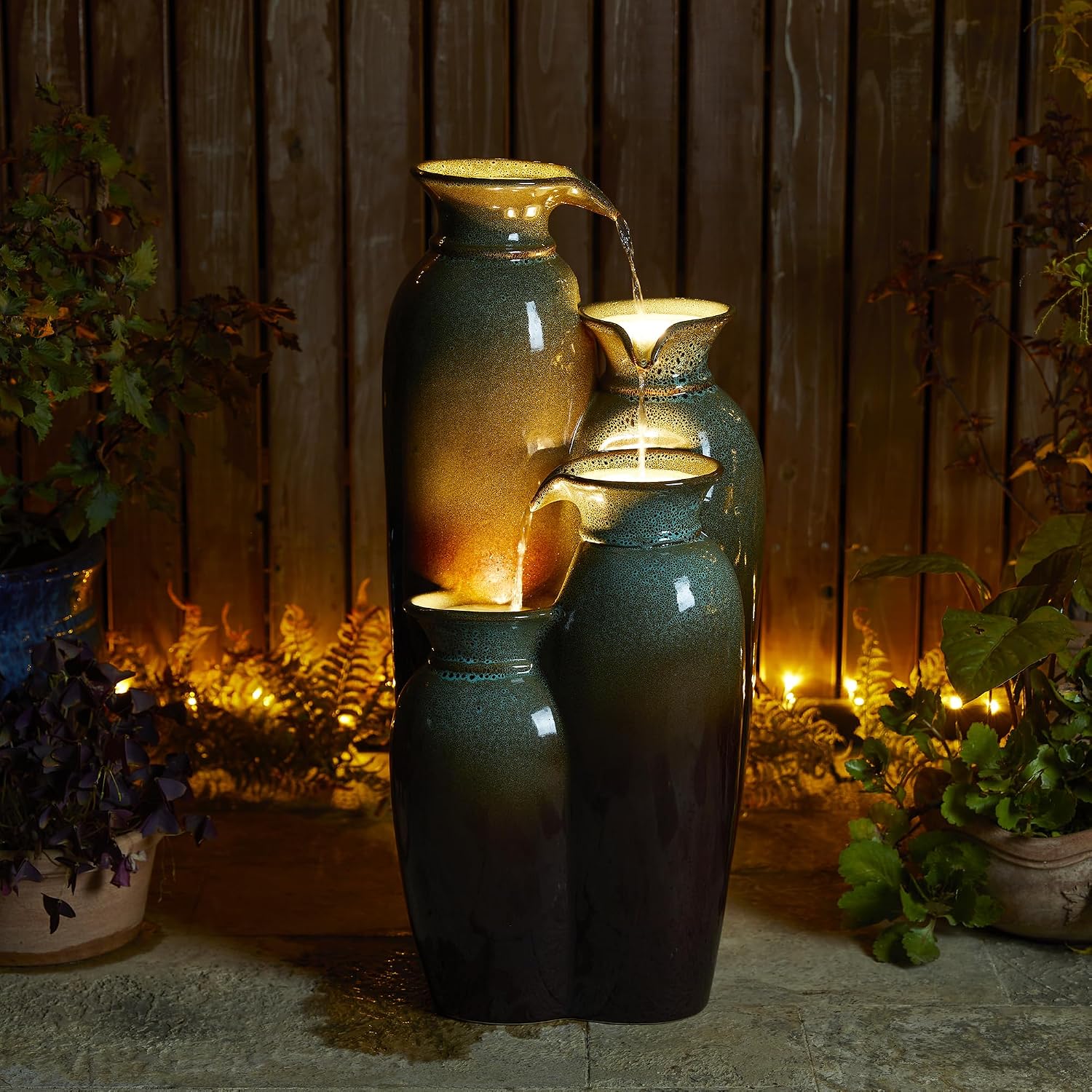 Glitzhome 30.75' H Vase Ceramic Outdoor Water Fountain with LED Lights and Pump, 4-Tier Olive Green and Brown Reactive Glaze Cascading Pots Standing Fountain for Porch Deck Garden Patio Backyard