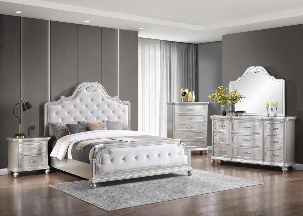 First of a Kind Silver Wood Traditional Nightstand with Drawers and Carved Design - 28-Inch Wide Bedside Table, Classic European Style Bedroom Furniture