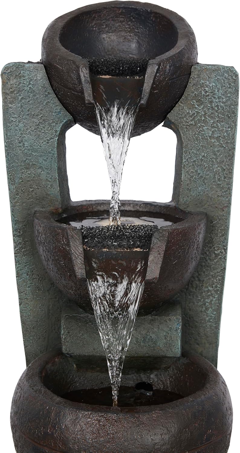 Alpine Corporation TZL400 34' 3 Tier Basin Cascading Fountain with LED Lights, Elegant Outdoor Water Feature for Garden, Patio, Yard & Outdoor Spaces, Relaxing Waterfall Fountain, Gray