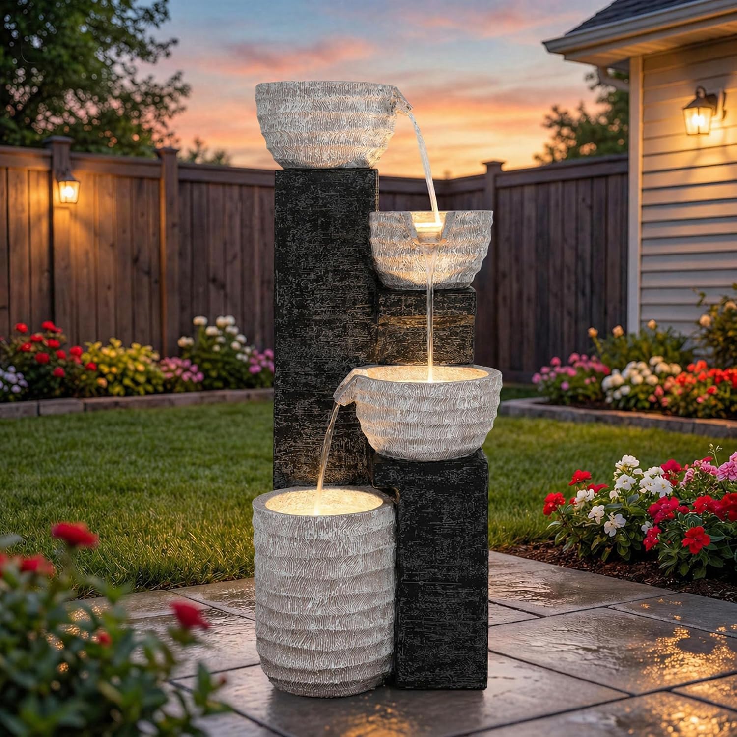 40' H Multilayer Cascading Outdoor Water Fountain with LED Lights & Pump, Sand-Textured Polyresin Freestanding Garden Fountain for Tranquil Garden, Patio or Porch