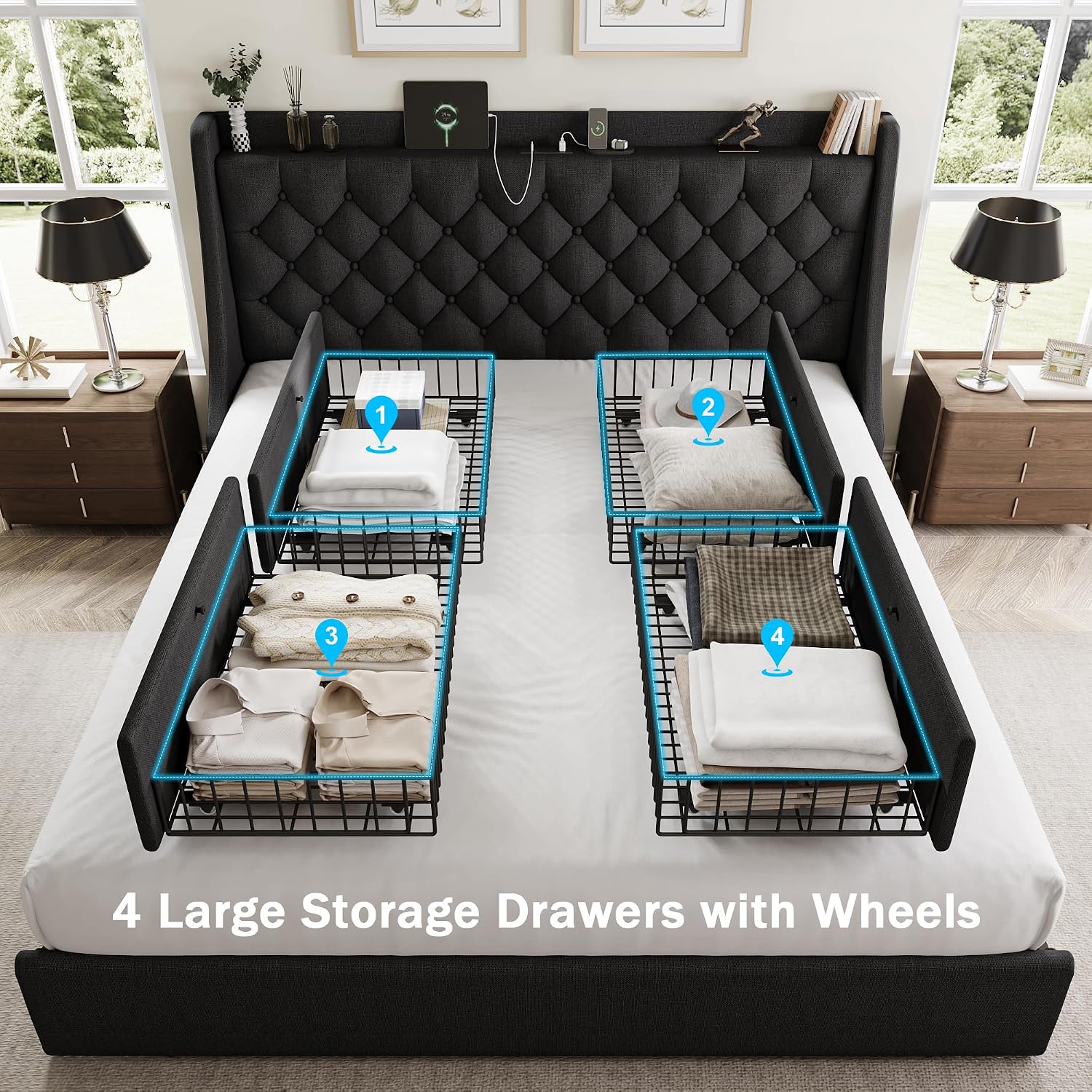 GalnFu King Size Bed Frame with 4 Storage Drawers, Giant Upholstered Wingback Headboard, Fast Charging Station, No Box Spring Needed, Noise-Free, Black