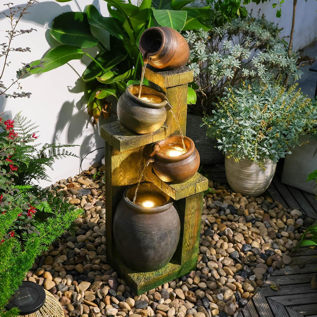 Outdoor Water Fountain with LED Lights, 4-Tier Cascading Waterfall Fountain, Rustic Wood Barrel Resin Outdoor Water Fountain for Garden Patio Backyard Porch Indoor Decor, 36.6' H