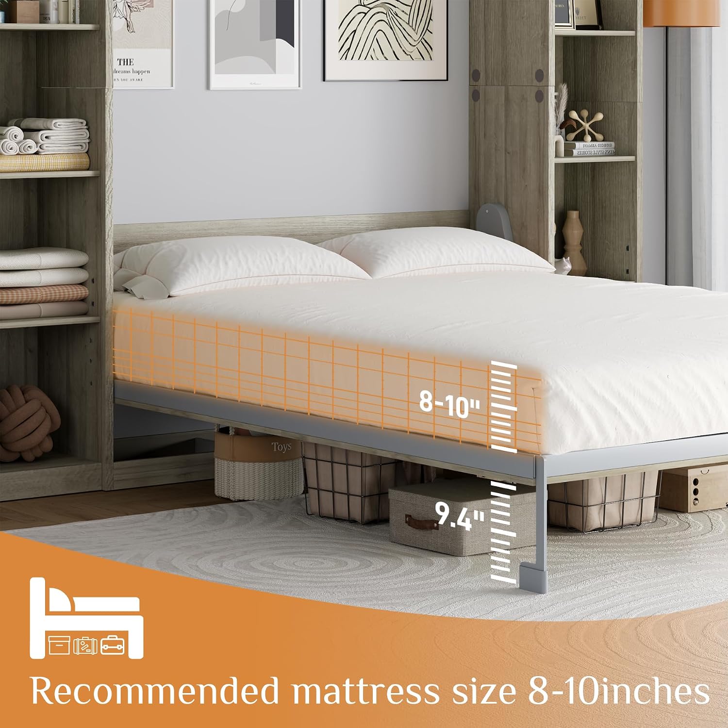 Rophefx Queen Murphy Bed Cabinet with 5-Tier Adjustable Storage Shelves, Queen Wall Bed Cabinet Bed, Wood Space Saving Beds, Foldable Platform Beds, Hidden Bedframe for Guest Room, Bedroom,Grey