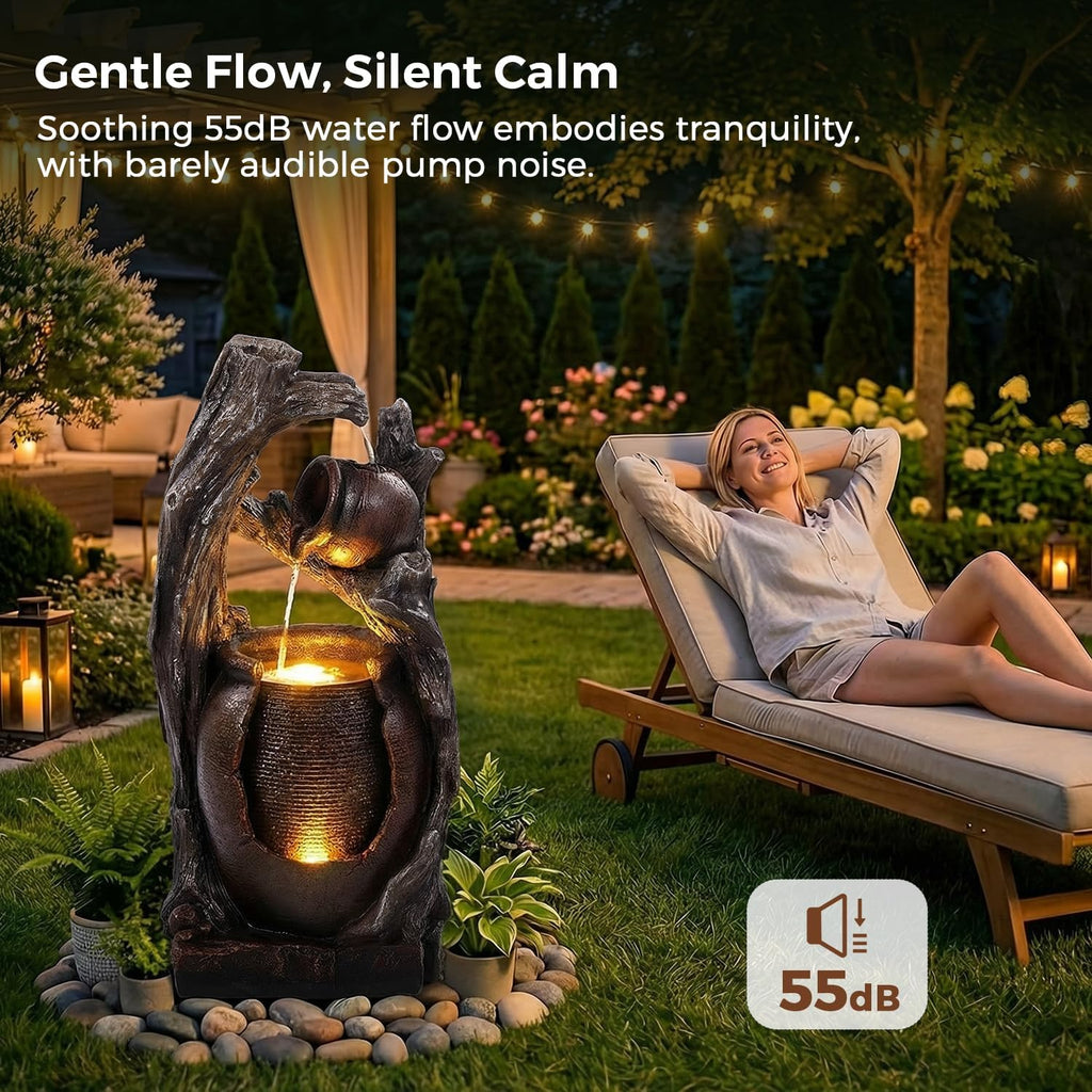 32' H Outdoor Water Fountain, Rustic 2-Tier Clay Pot Water Fountain and Waterfalls with 2 Warm LED Lights, Natural Feature Garden Fountains for Patio, Backyard, Deck, Porch, Home Decor