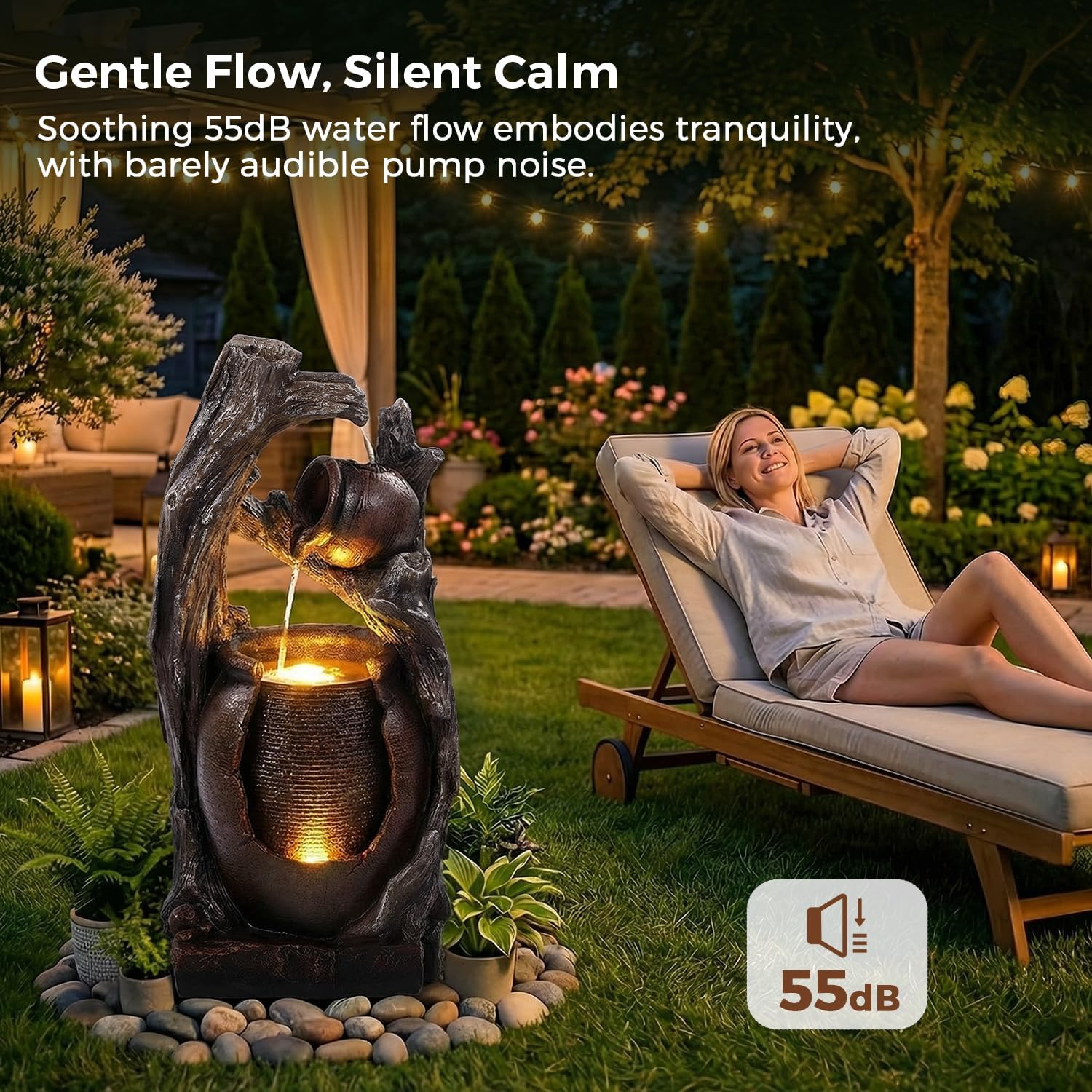 32' H Outdoor Water Fountain, Rustic 2-Tier Clay Pot Water Fountain and Waterfalls with 2 Warm LED Lights, Natural Feature Garden Fountains for Patio, Backyard, Deck, Porch, Home Decor