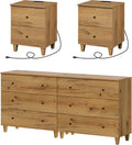 WAMPAT 3-Piece Bedroom Set - Modern Farmhouse Dresser & Nightstands with Charging Station, 6-Drawer Wood Chest & 2 Bedside Tables, Oak Brown Finish, Anti-Tip Safety Design