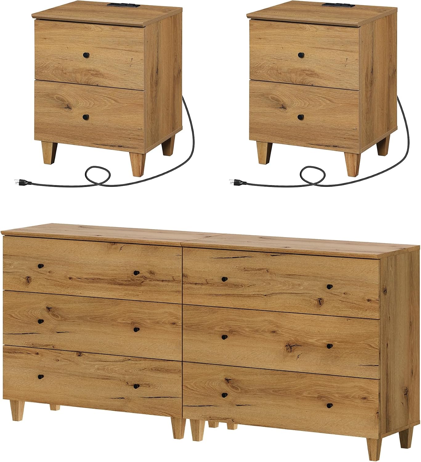 WAMPAT 3-Piece Bedroom Set - Modern Farmhouse Dresser & Nightstands with Charging Station, 6-Drawer Wood Chest & 2 Bedside Tables, Oak Brown Finish, Anti-Tip Safety Design