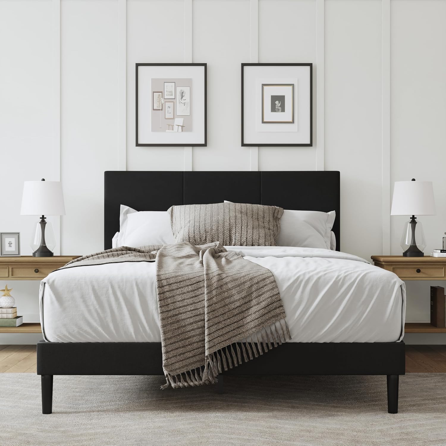 Full Size Bed Frame with Headboard, Velvet Upholstered Platform Bed Frame, Sturdy Slatted Support for Springless Mattresses, Silent Operation, Easy to Assemble, Black