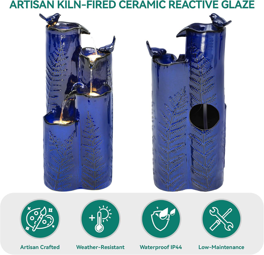 32' H Ceramic Outdoor Water Fountain with LED Lights, 4-Tier Vase Outdoor Fountain, Cobalt Blue Glaze, Embossed Fern Pattern, Cascading Waterfall for Tranquil Garden, Patio, or Porch