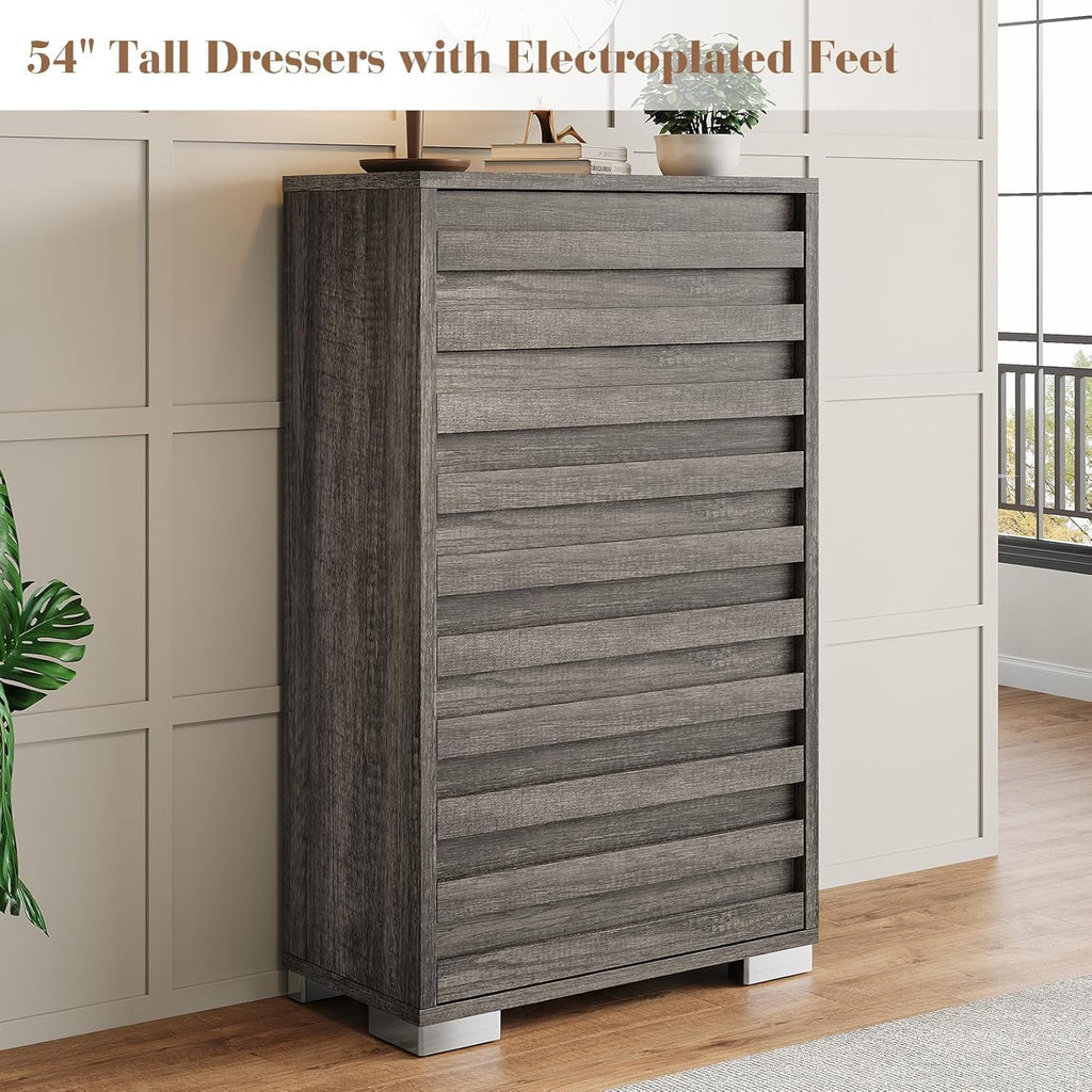 LUXOAK 3 Pcs Bedroom Furniture Set - Farmhouse 5 Drawer Dresser and Nightstand Sets of 2 with Charging Station, Slated Handles & Stainless Steel Feet, Rustic Grey