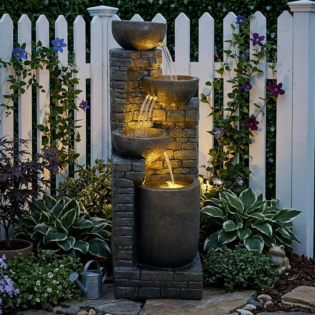Hamiedun 38.2 ''H Water Fountain Outdoor Cascading Bowls and Stacked Stones with Led Lights Waterfalls Fountain for Outside Gardens, Landscaping, Balconies, Floor Patio,Backyard and Home Art Decor