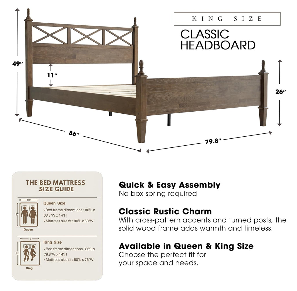 King Size Solid Wood Bed Frame, Platform Bed with Headboard & Footboard, 12 Heavy-Duty Slatted Base with Metal Legs, No Box Spring Needed, Noise-Free & Anti-Slip, Easy Assembly, Barnwood Finish RIK-30