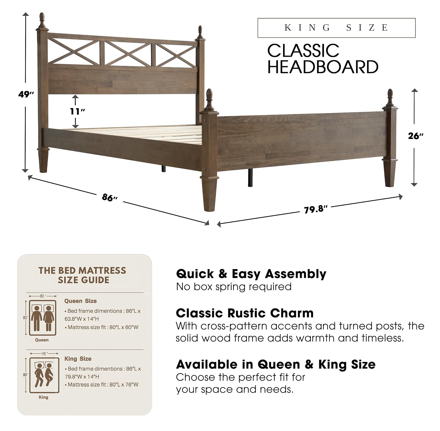 King Size Solid Wood Bed Frame, Platform Bed with Headboard & Footboard, 12 Heavy-Duty Slatted Base with Metal Legs, No Box Spring Needed, Noise-Free & Anti-Slip, Easy Assembly, Barnwood Finish RIK-30