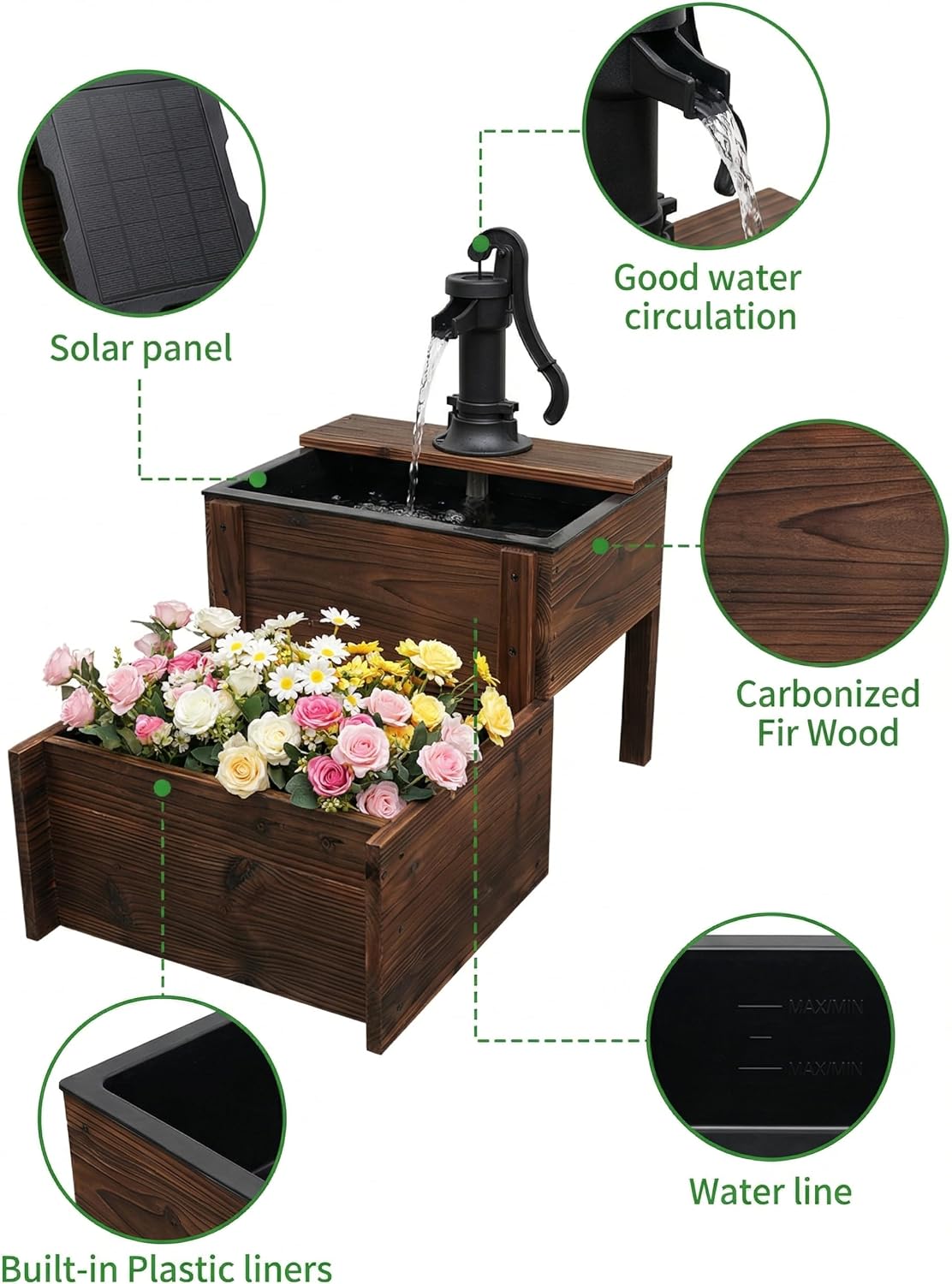 Outdoor Water Fountain, Floor Wooden Rectangular Double-Layer Old-Fashioned Hand Pump Fountain with Flower Box, Solar-Powered Electric Decorative Water Feature for Garden Patio Backyard