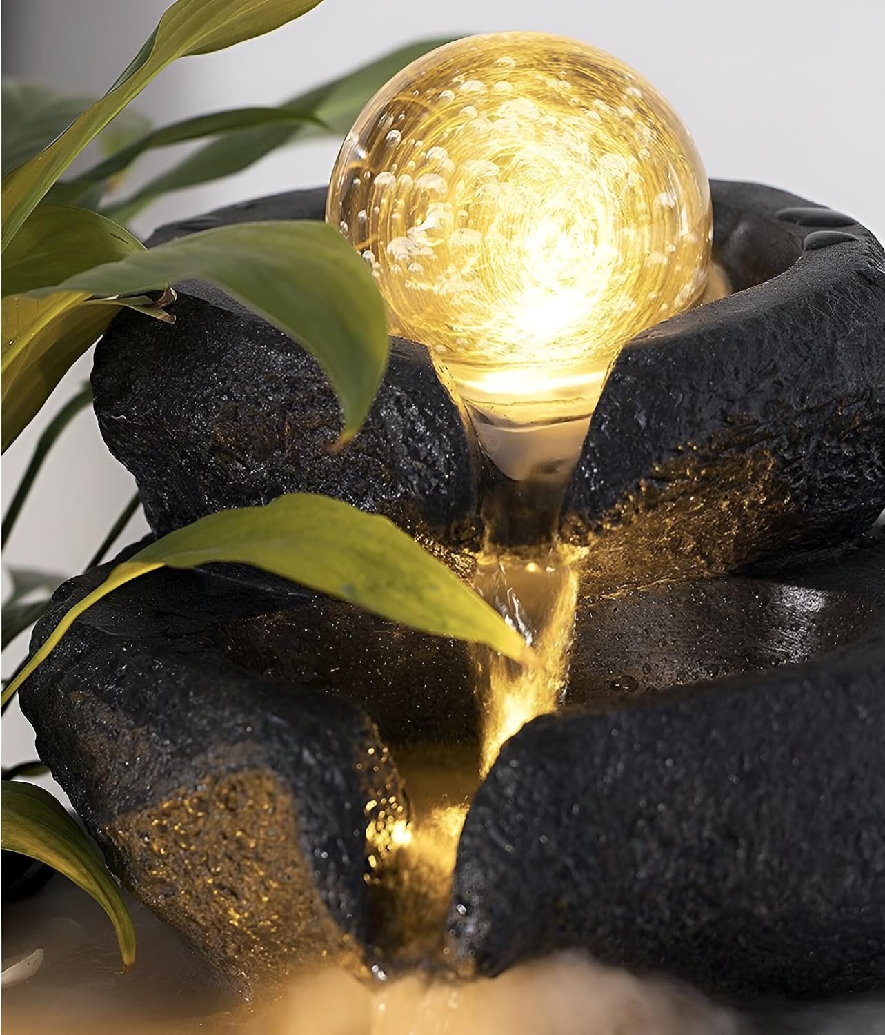 11.42' Indoor Tabletop Fountain with 3-Tier Flow, RGB LED Lights, Decorative Bubble Ball, Mist Maker & 10 Natural Crystals – Zen Resin Waterfall for Home Office Decor & Meditation (Black)