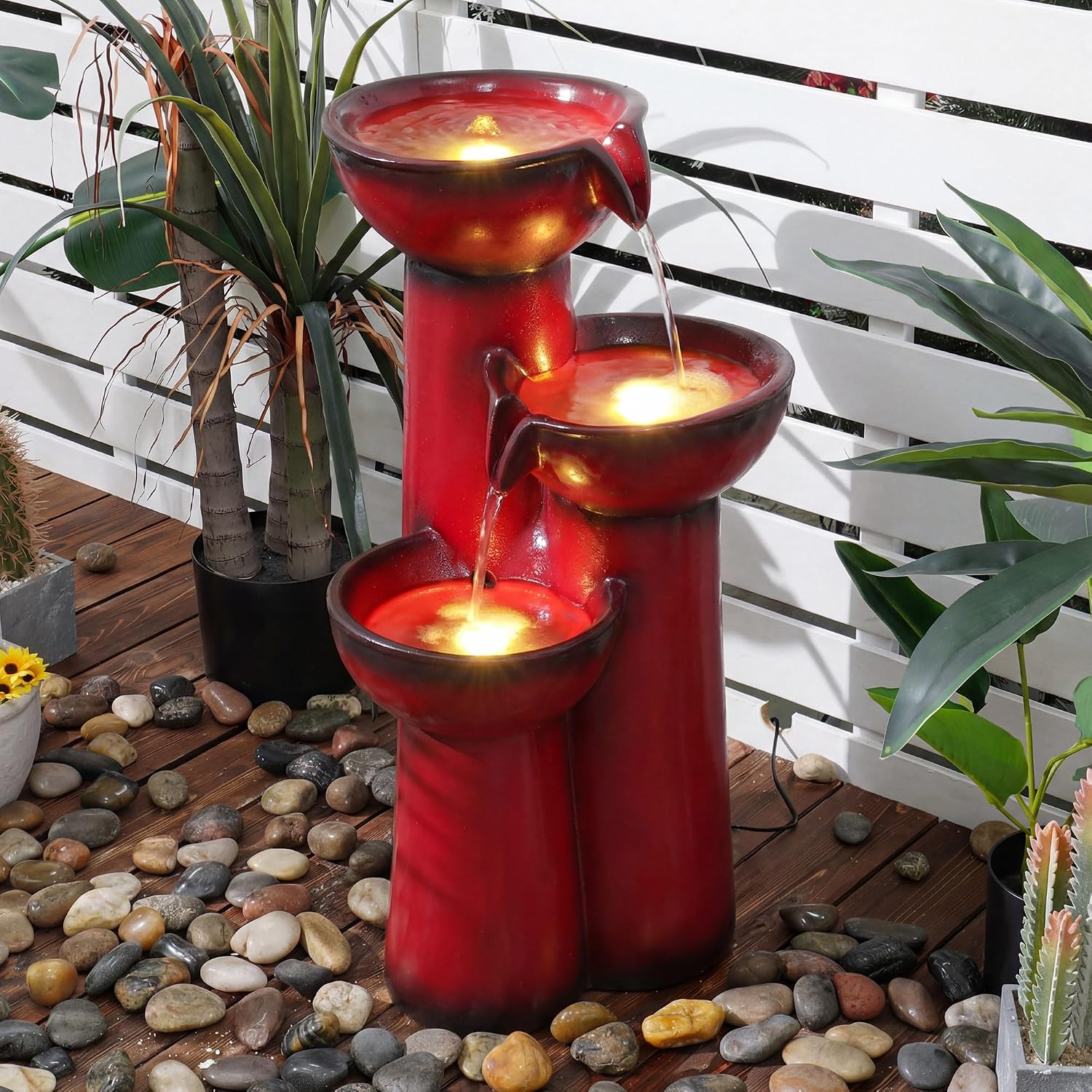 27' Outdoor Water Fountain with LED Lights, 3-Tier Cascading Faux Ceramic Column Water Feature with Pump for Garden Patio Backyard, Weather-Resistant Resin Waterfall for Serene Oasis, Red