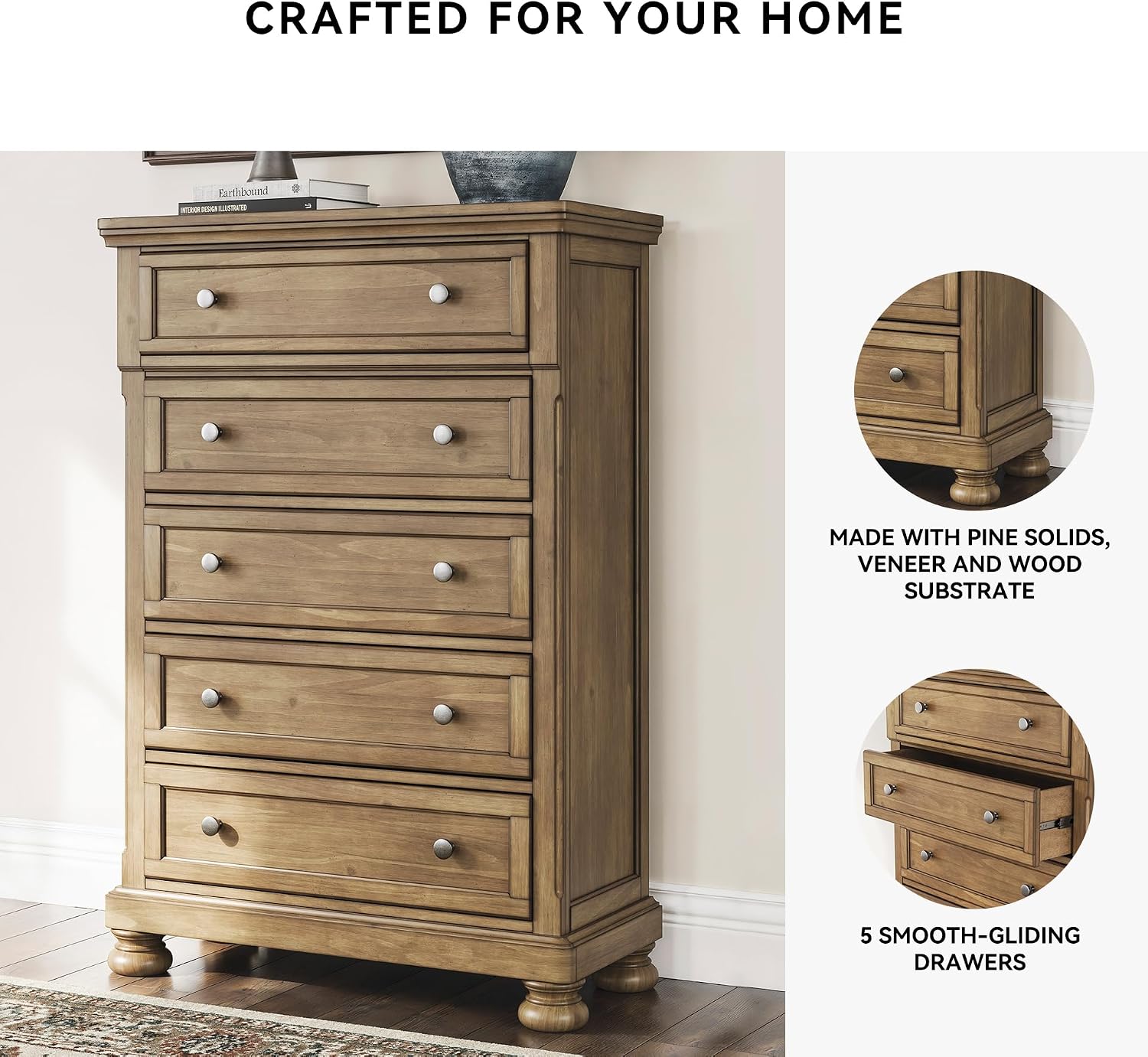 Signature Design by Ashley Glarrison Farmhouse 5-Drawer Chest with Felt-Lined Top Drawer and Easy Glide for Bedroom, Light Brown