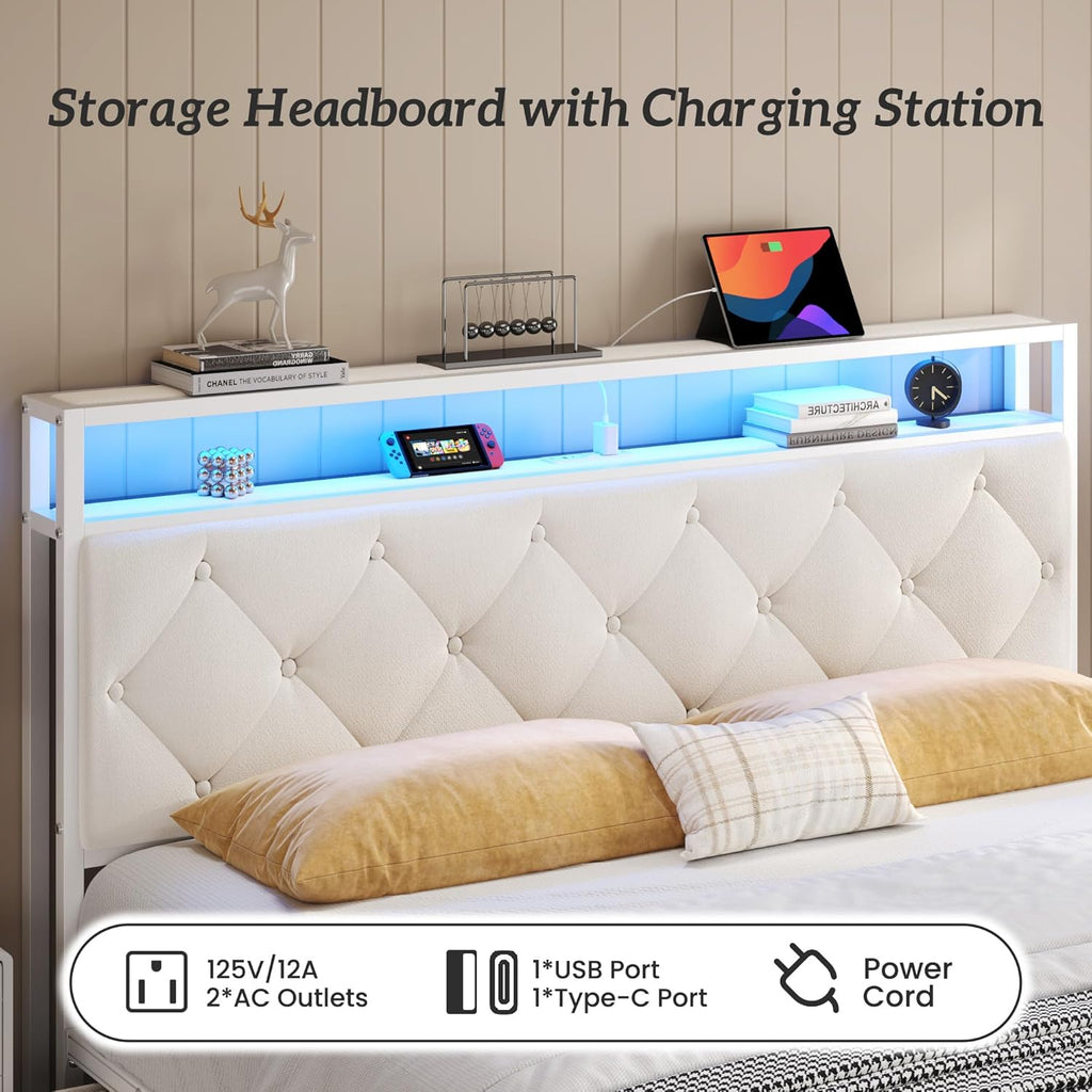 Fluest Queen Bed Frame with Headboard, Storage Drawers, Fast Charging Station, Led Lights, Bed Frame Queen Size with Fabric Drawers, Metal Structure, No Box Spring Needed, Easy Assembly, Beige