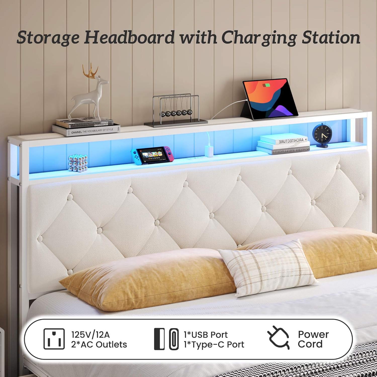 Fluest Queen Bed Frame with Headboard, Storage Drawers, Fast Charging Station, Led Lights, Bed Frame Queen Size with Fabric Drawers, Metal Structure, No Box Spring Needed, Easy Assembly, Beige