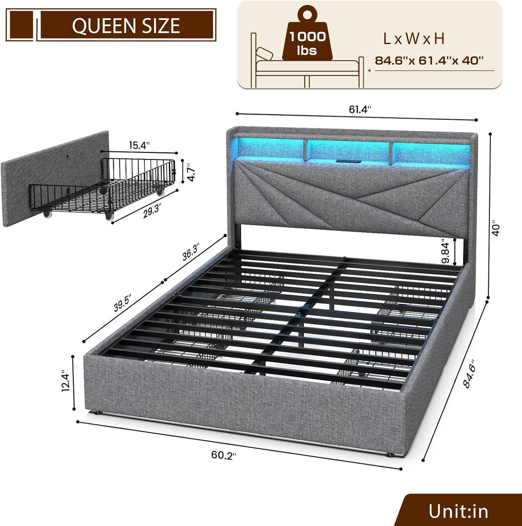 Driftalia LED Queen Bed Frame with 4 Storage Drawers, Upholstered Bed Frame Queen Size with 2-Tier Headboard and Charging Station, No Box Spring Needed, Easy to Assembly - Light Grey