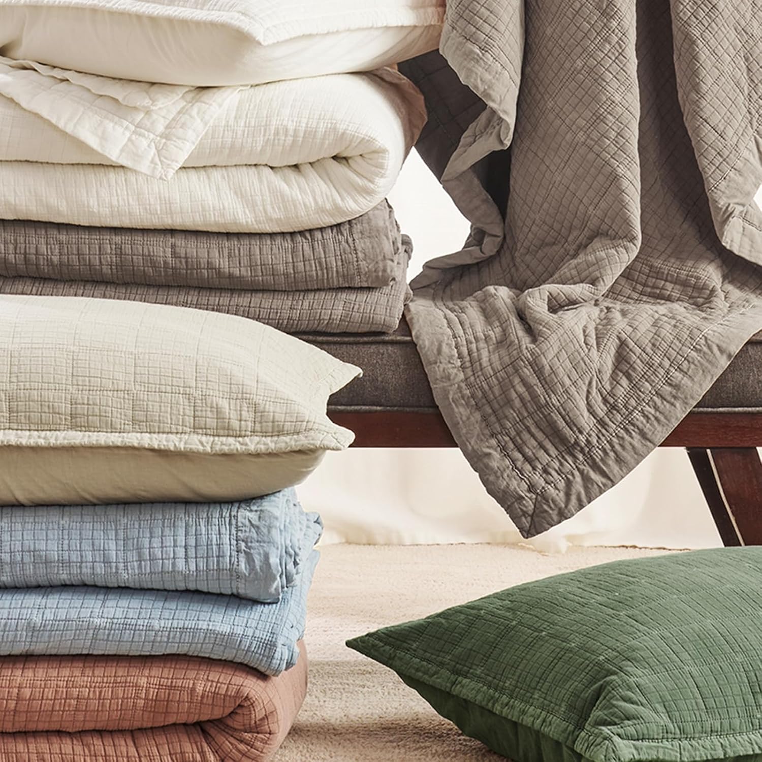 EVERGRACEHOME Stonewashed Cotton Quilt Set King Size, Ultra Soft Oversized Bedspread Coverlet Set, Lightweight Crinkle Box Stitch Bedding Sets for All Season, with 2 Matching Shams, Blue Linen
