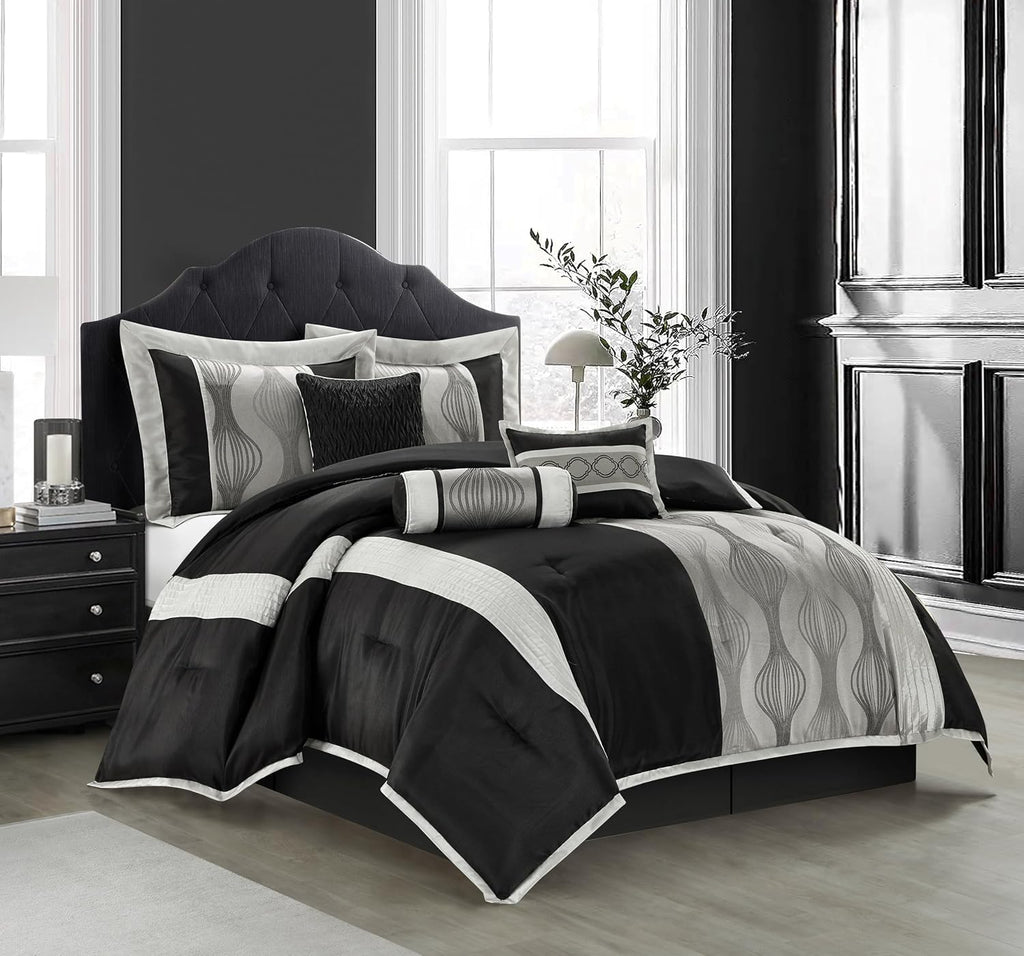 Stratford Park Elegant Black and Silver Comforter Set California King Size, Striped, 7 Pieces Bedding & Collection, Jacquard All Season Comforter & Pillows, Ultra-Soft Microfiber