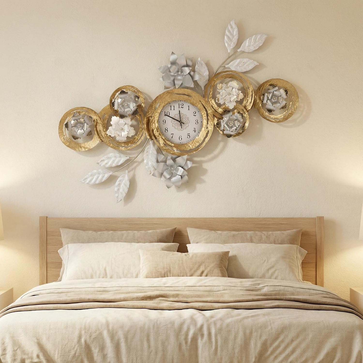 Large 3D Metal Wall Decor Vintage Gold Abstract Circular Exquisite Clocks And Black And White Gradient Metal Floral Wall Art Are Suitable For Aesthetic In Living rooms Bedrooms Kitchens And Offices