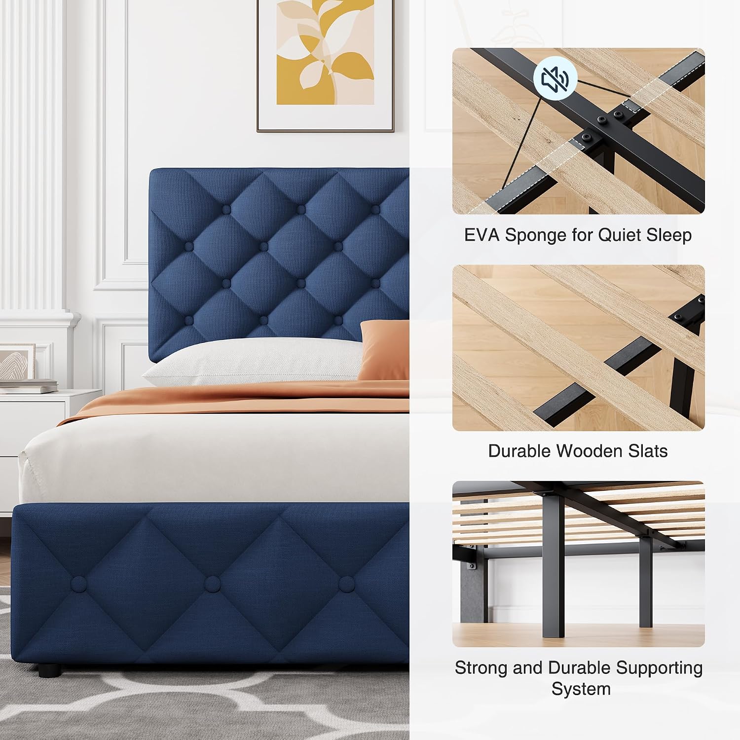 IDEALHOUSE Full Size Bed Frame with 4 Storage Drawers and Adjustable Headboard, Linen Upholstered Platform Beds, Diamond Stitched Button Tufted, No Box Spring Needed, Blue