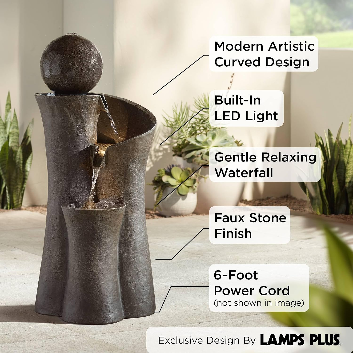 Sphere Curve 39 1/2' High Large Modern Zen Indoor Outdoor Decor Faux Stone Floor Fountain with Light LED Waterfall Cascading Water Feature for Outside Garden Patio Yard Backyard - John Timberland
