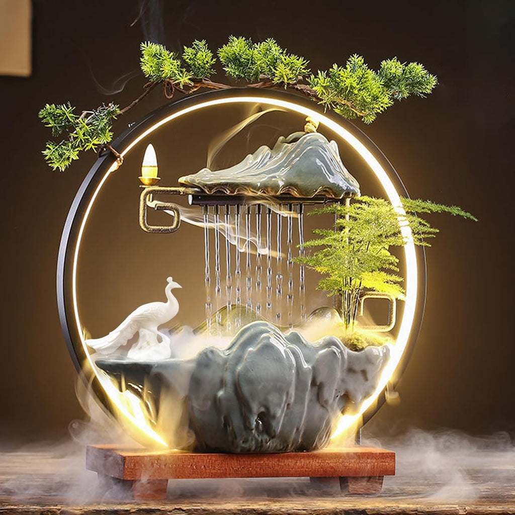 Ceramic Maitreya Buddha Incense Burner, Waterfall Lotus LED Light Ring Backflow Aromatherapy Ornament, with Incense Cones for Home Office Decor for Relaxation Yoga Gift (Peacock)