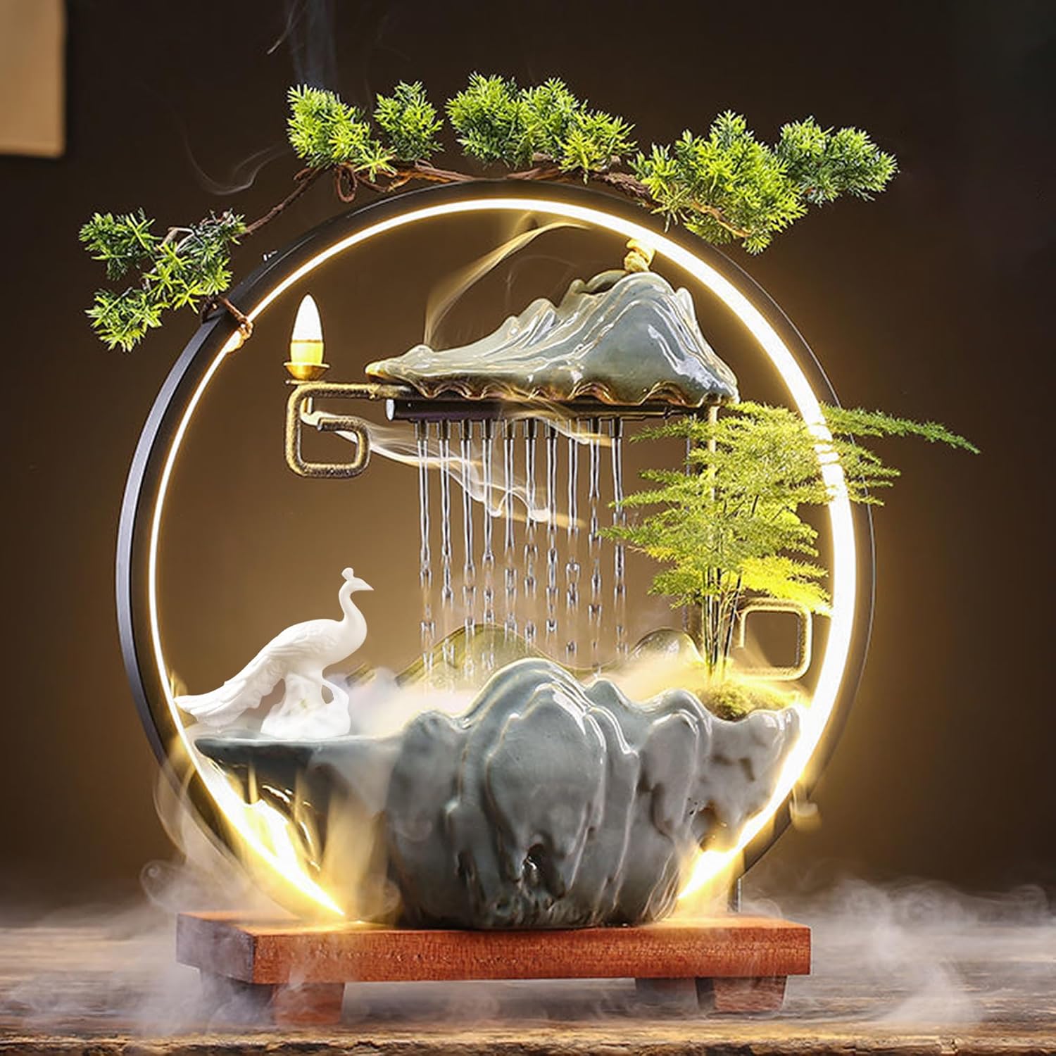 Ceramic Maitreya Buddha Incense Burner, Waterfall Lotus LED Light Ring Backflow Aromatherapy Ornament, with Incense Cones for Home Office Decor for Relaxation Yoga Gift (Peacock)