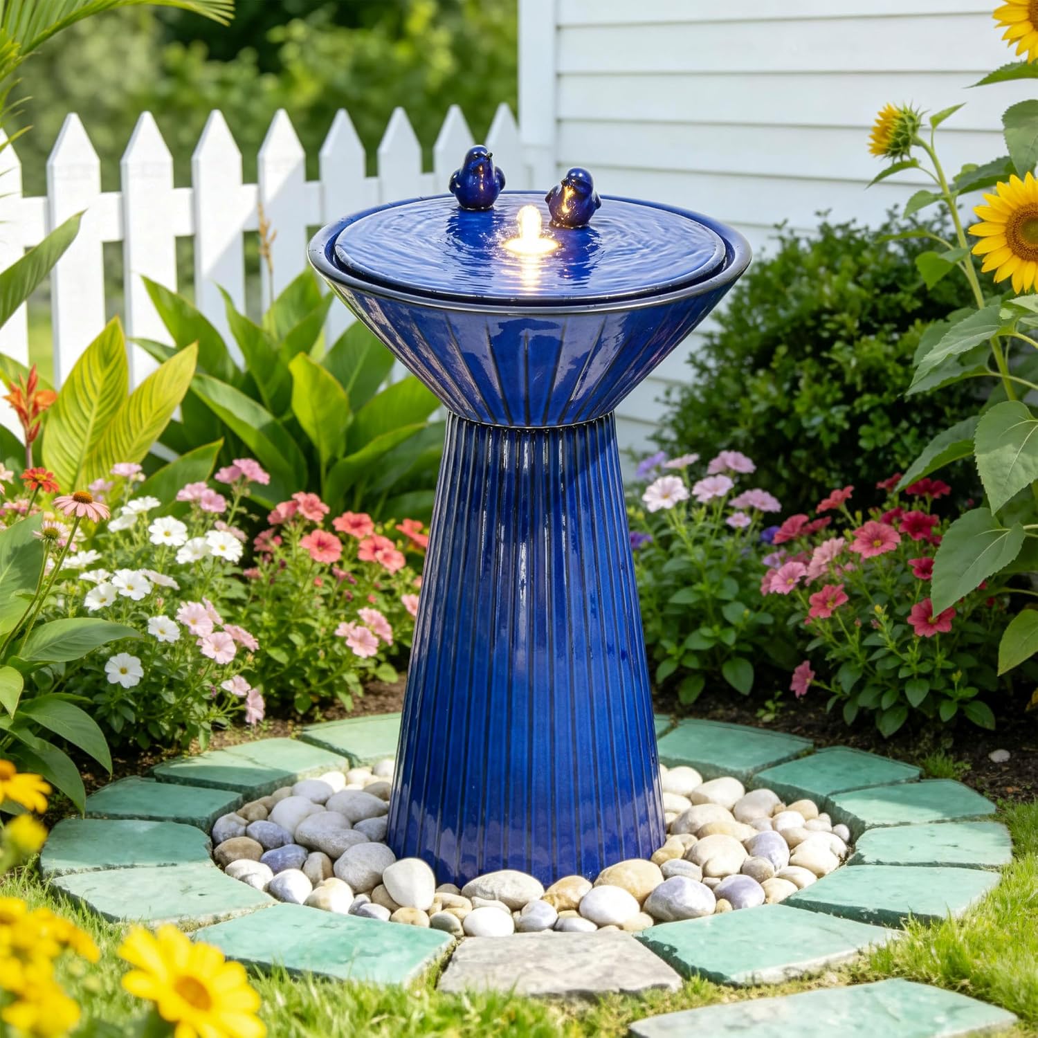 28' Tall Ceramic Outdoor Fountain and Waterfalls, Patio Fountain with LEDs, Birdbath for Outside, Soothing Water Feature for Relaxing Front Porch, Garden, Backyard, Cobalt Blue, 2KD Birds