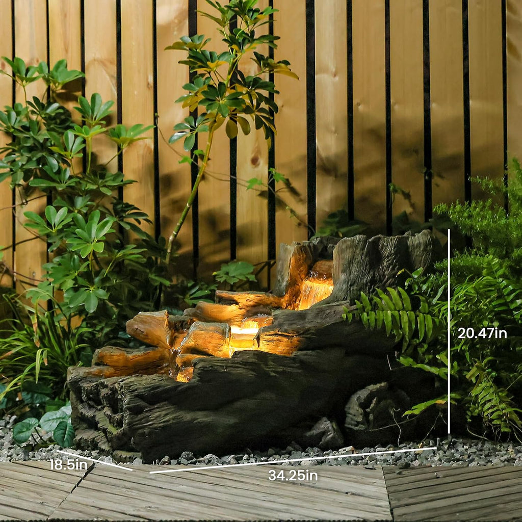 Sunlinua 34.25' L Outdoor Water Fountain with 3 Tiers Large Cascading Realistic Tree Trunk Waterfall Fountains with LED Lights Outdoor Water Fountain for Garden Patio Backyard Porch Home Decor