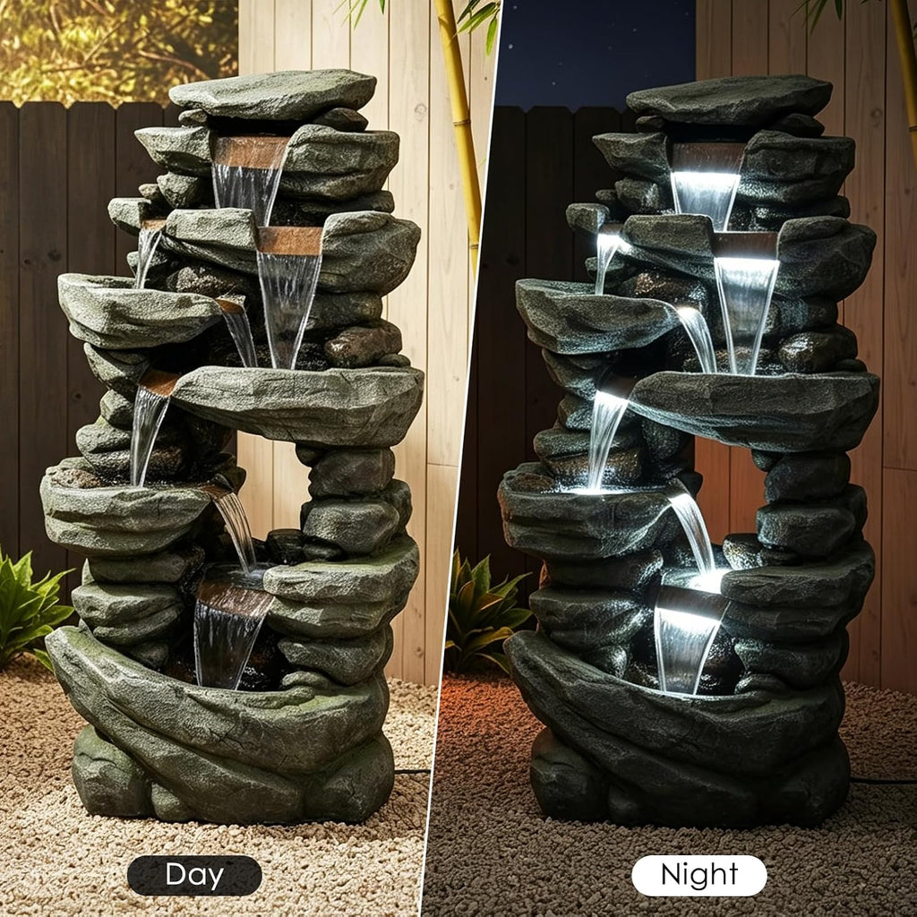 SunJet 60' High Multi-Tiers Cascading Rock Outdoor Water Fountain with LED Lights - Large Outdoor Fountains and Waterfalls for Garden or Patio, Yard, and Deck Decor, Featuring Natural Stone Look