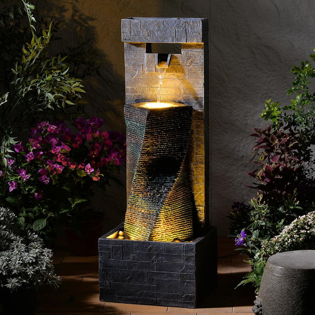 39.8'' Tall Modern Spiral Waterfall Fountain Outdoor/Indoor Water Fountain Resin Stone-Like Water Feature with LED Lights for Outside, Garden, Patio, Porch, Deck, Backyard, Home Decor