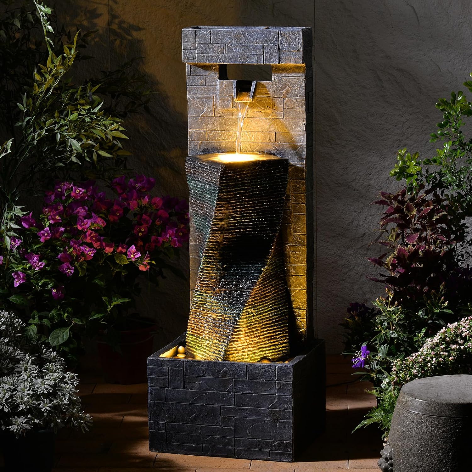 39.8'' Tall Modern Spiral Waterfall Fountain Outdoor/Indoor Water Fountain Resin Stone-Like Water Feature with LED Lights for Outside, Garden, Patio, Porch, Deck, Backyard, Home Decor
