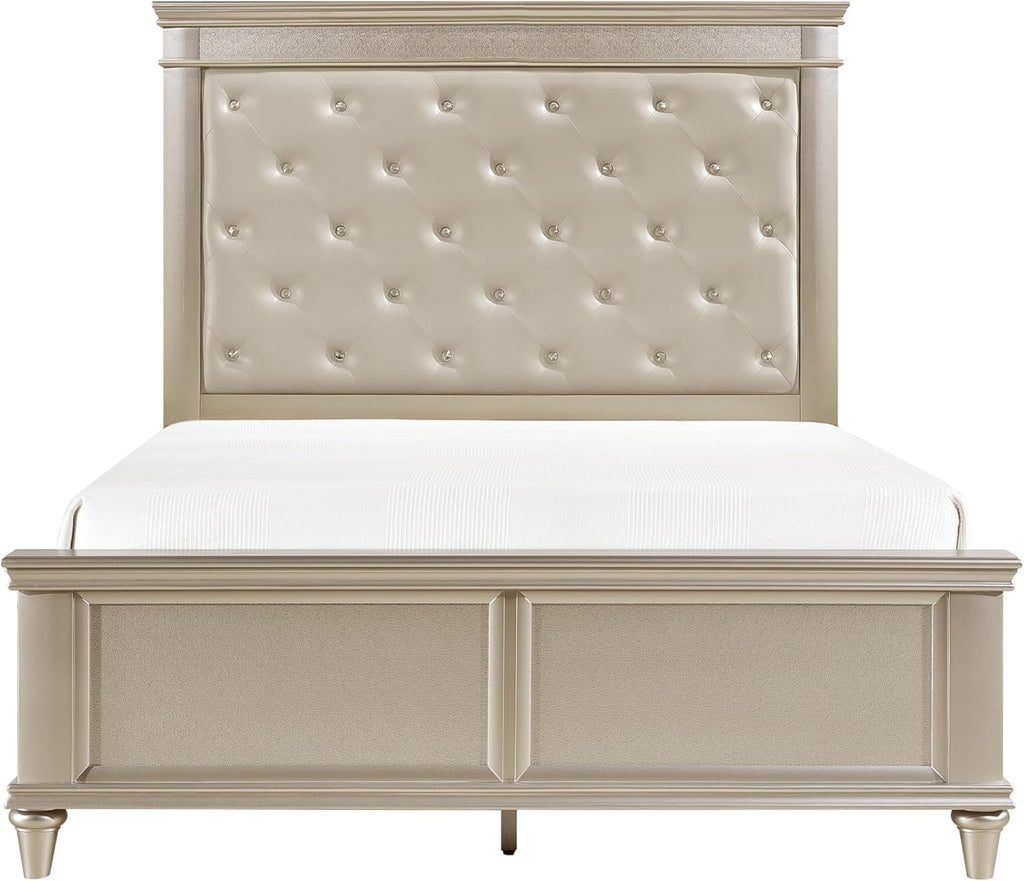 5-Piece Modern Silver Finish Queen Size Bed Set Upholstered Headboard Traditional Design Wooden Bedroom Furniture