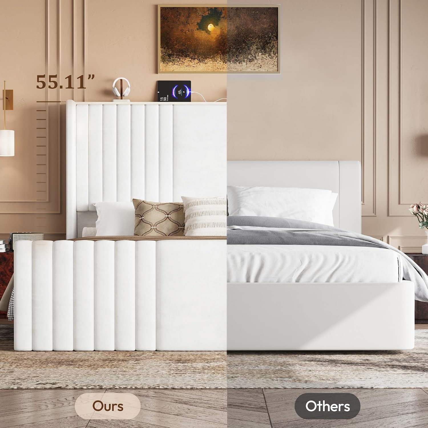 King Size Bed Frame with 55.1' Tall Headboard, Velvet Upholstered Platform Bed with Channel Tufted Wingback, 2 Reading Lights/Storage Shelf/Charging Station/Easy Assembly/Noise-Free, Cream