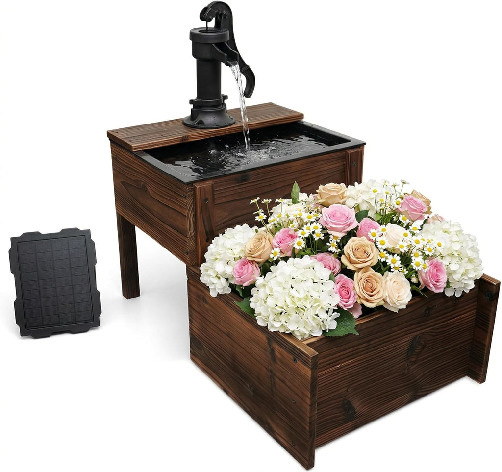 Outdoor Water Fountain, Floor Wooden Rectangular Double-Layer Old-Fashioned Hand Pump Fountain with Flower Box, Solar-Powered Electric Decorative Water Feature for Garden Patio Backyard