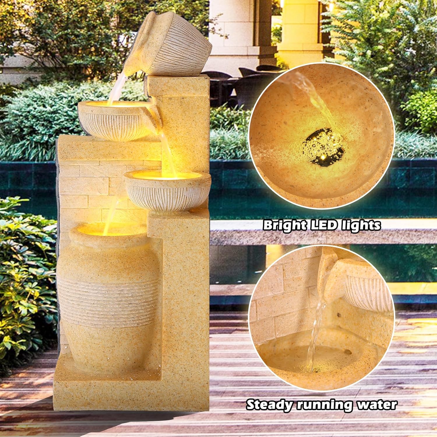 Grepatio 4-Tiers Indoor/Outdoor Garden Water Fountain, 32'H Cascading Water Feature Waterfalls Fountain with LED Lights, Outdoor Floor Standing Water Fountains for Garden, Yard, Patio, Decor (Yellow)