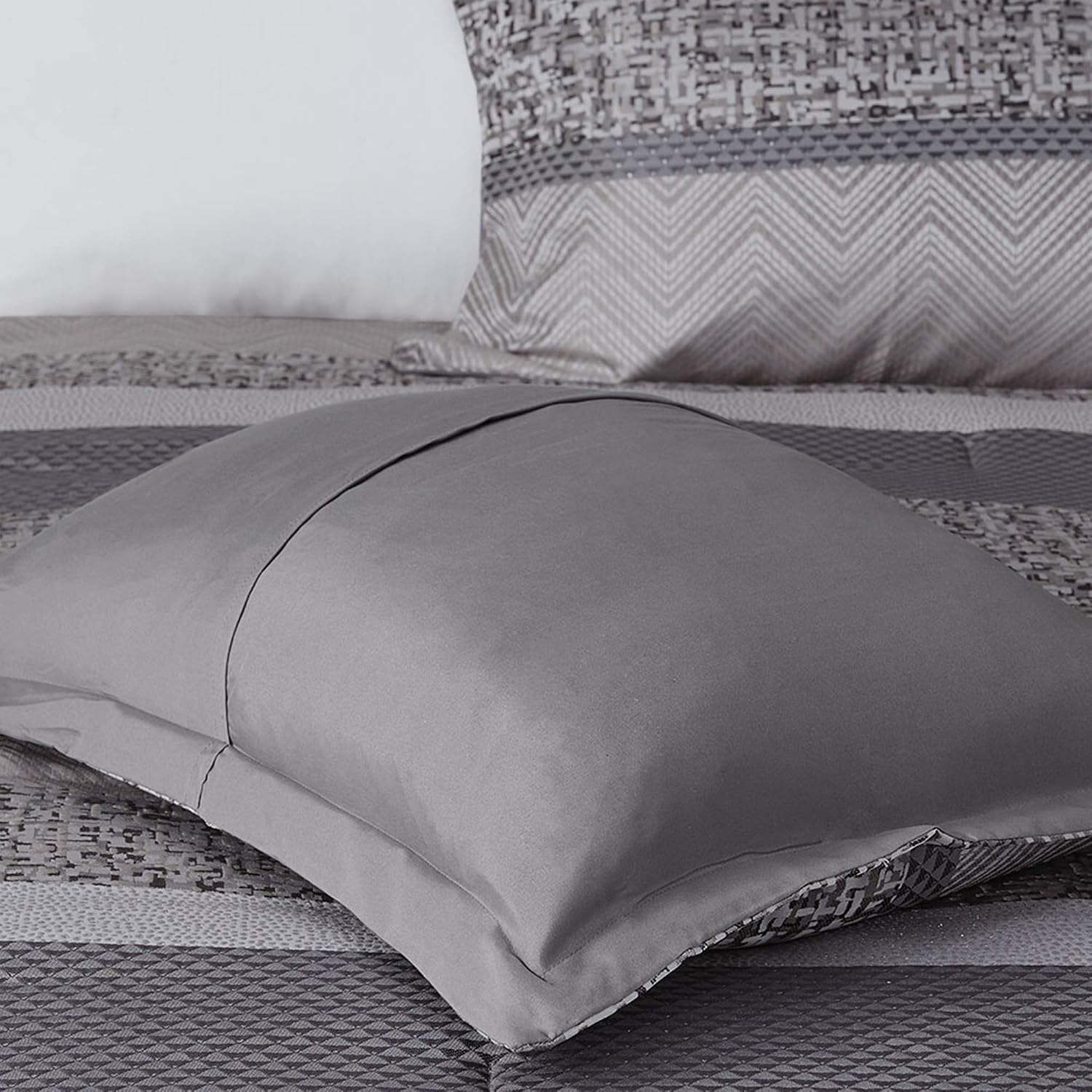 Madison Park Luxury Comforter Set-Traditional Jacquard Design All Season Down Alternative Bedding, Matching Bedskirt, Decorative Pillows, Queen(90'x90'), Rhapsody, Striped Grey/Taupe 7 Piece