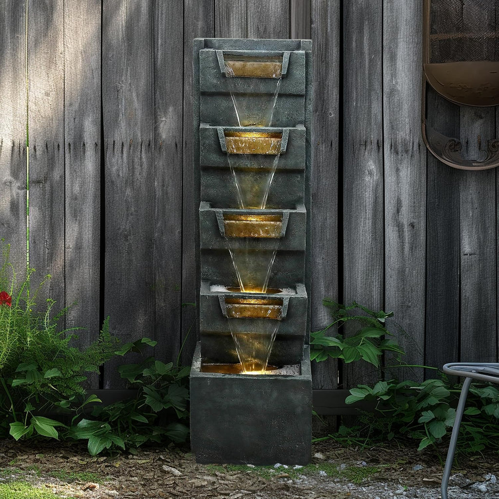 SunJet 4-Tiers Modern Cascading Indoor/Outdoor Fountains and Waterfalls with LED Lights - 39.3' High Large Water Fountain for Garden, Patio, Yard, and Deck Decor - Relaxing Water Fountain Outdoor