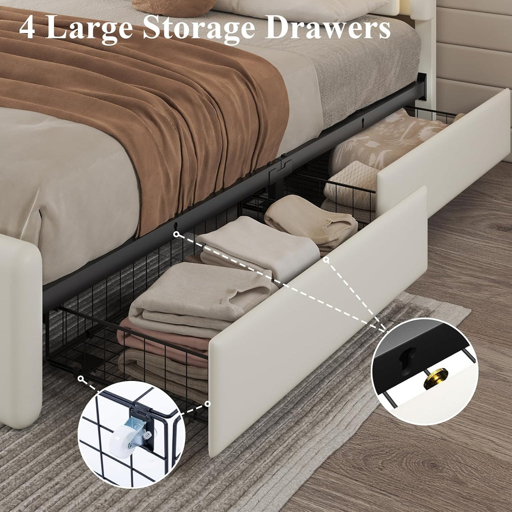 LoVinson Full Size Bed Frame with 4 Storage Drawers, Charging Station and LED Light, Adjustable Upholstered Headboard, Noise-Free, No Box Spring Needed, Easy Assembly, White