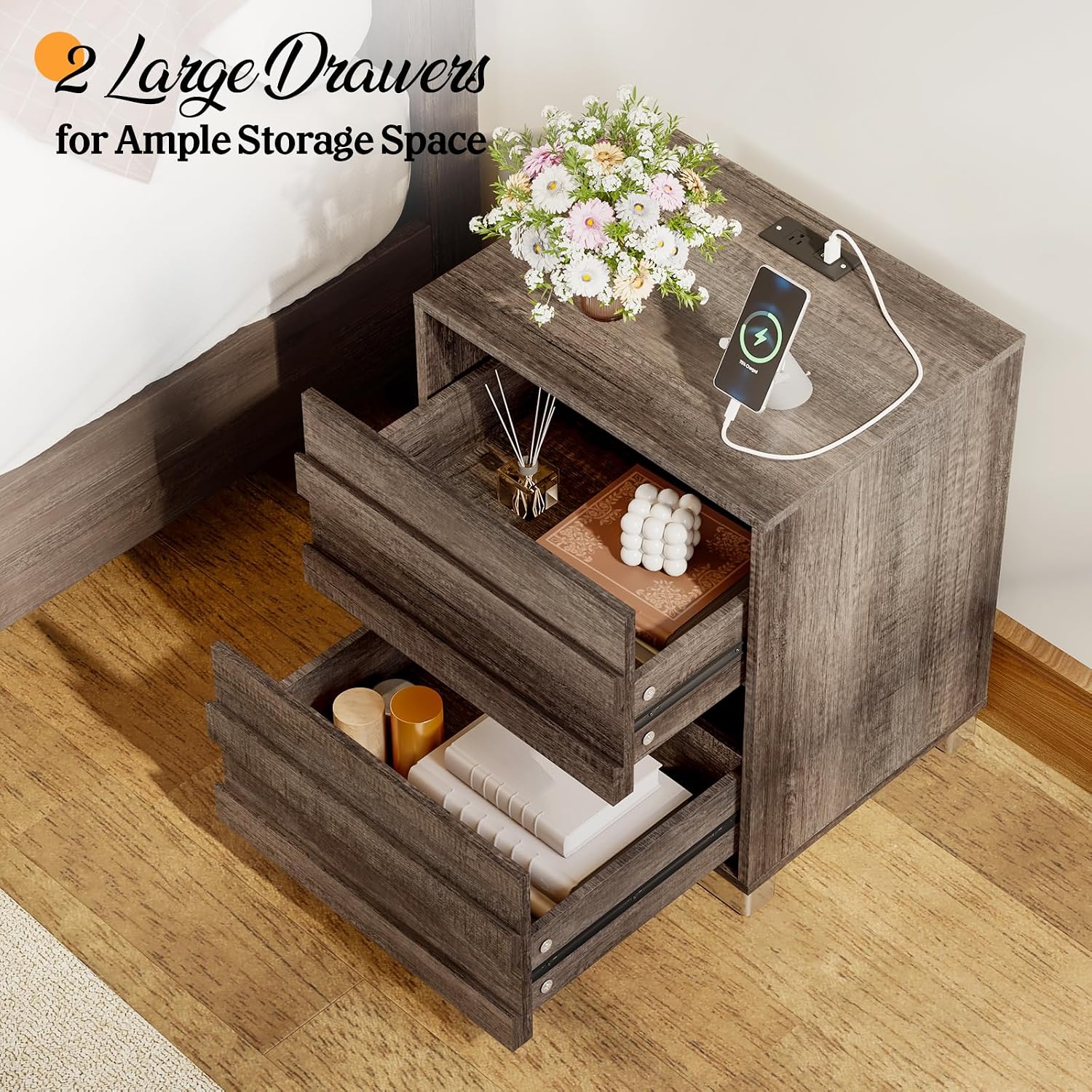 Albott 3 Piece Bedroom Set, Including Farmhouse Full Size Bed Frame with Slatted Headboard, Nightstands Set of 2 with Charging Station for Bedroom, Rustic Grey