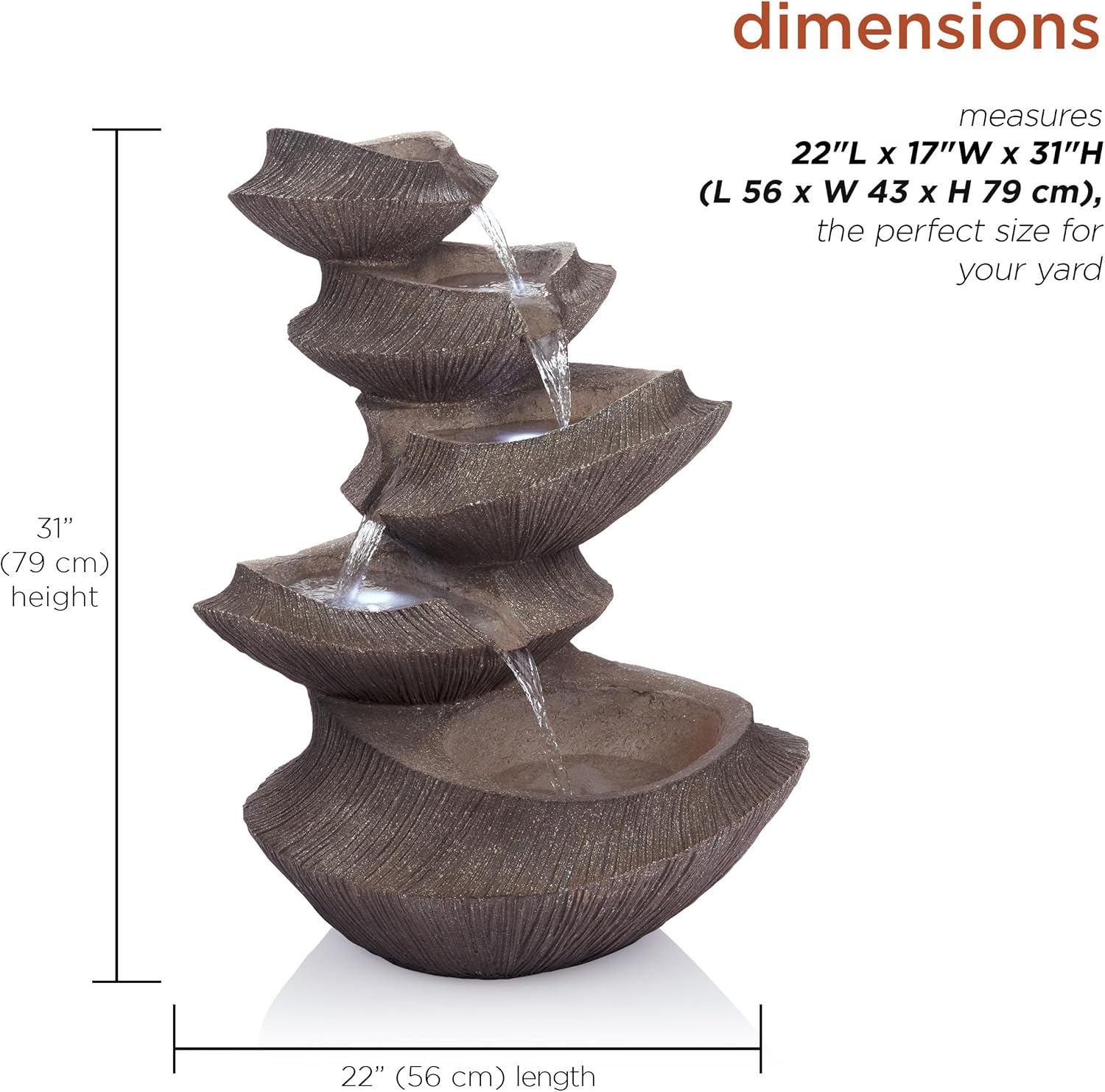 Alpine Corporation WIN1332L-BR Outdoor Floor Tiered Basin Fountain with LED Lights, Modern Basin Garden Fountain 31', Brown