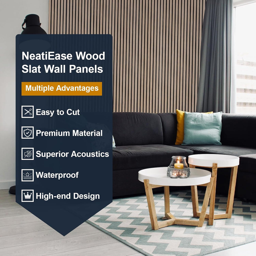 NeatiEase Wood Panels for Wall, 4-Piece 108' x 12.6' Soundproof Wood Slat Wall Panel for Interior Wall Decor Noise Cancelling, Acoustic Wall Panels, Sound Absorbing Panel (Rustic Oak)