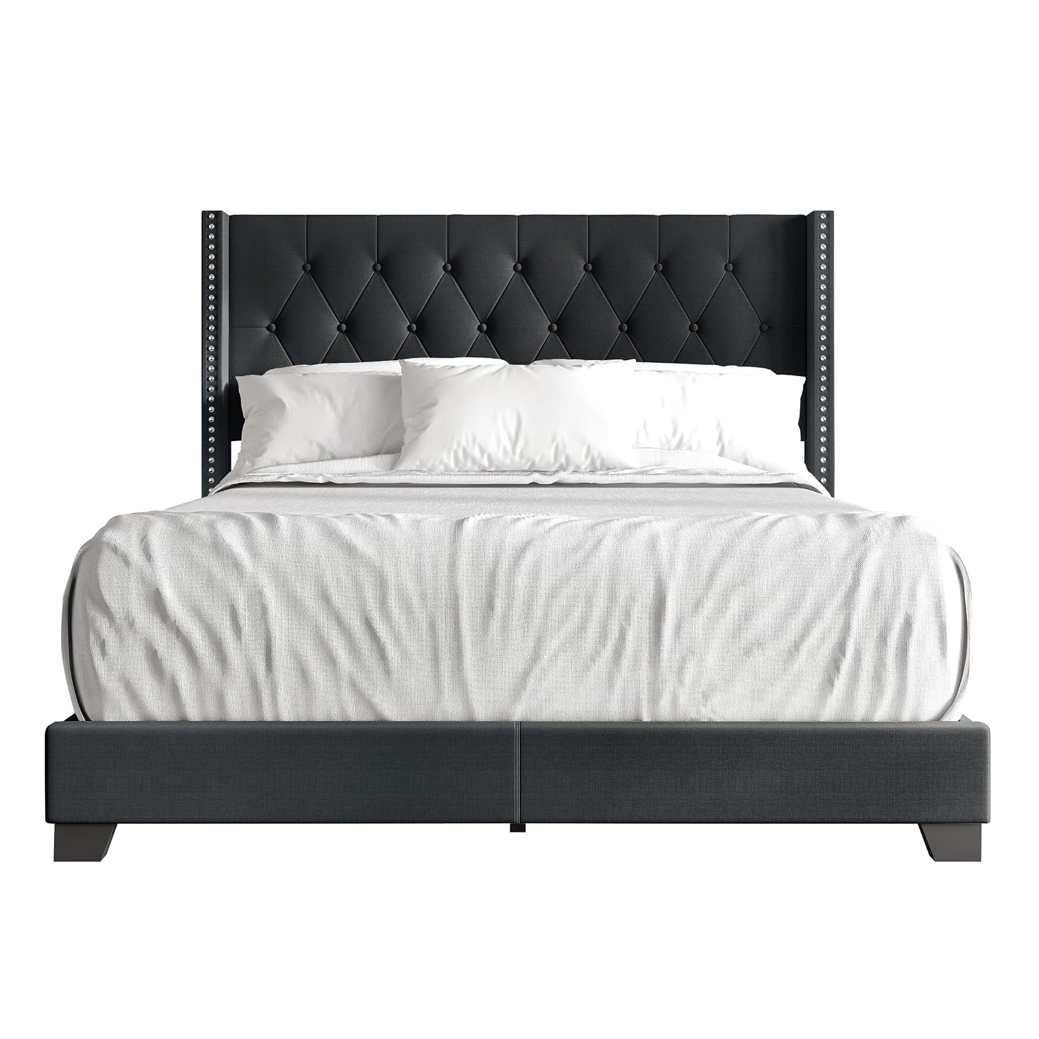 Queen Button Tufted Wingback Linen Upholstered Bed, Charcoal Grey