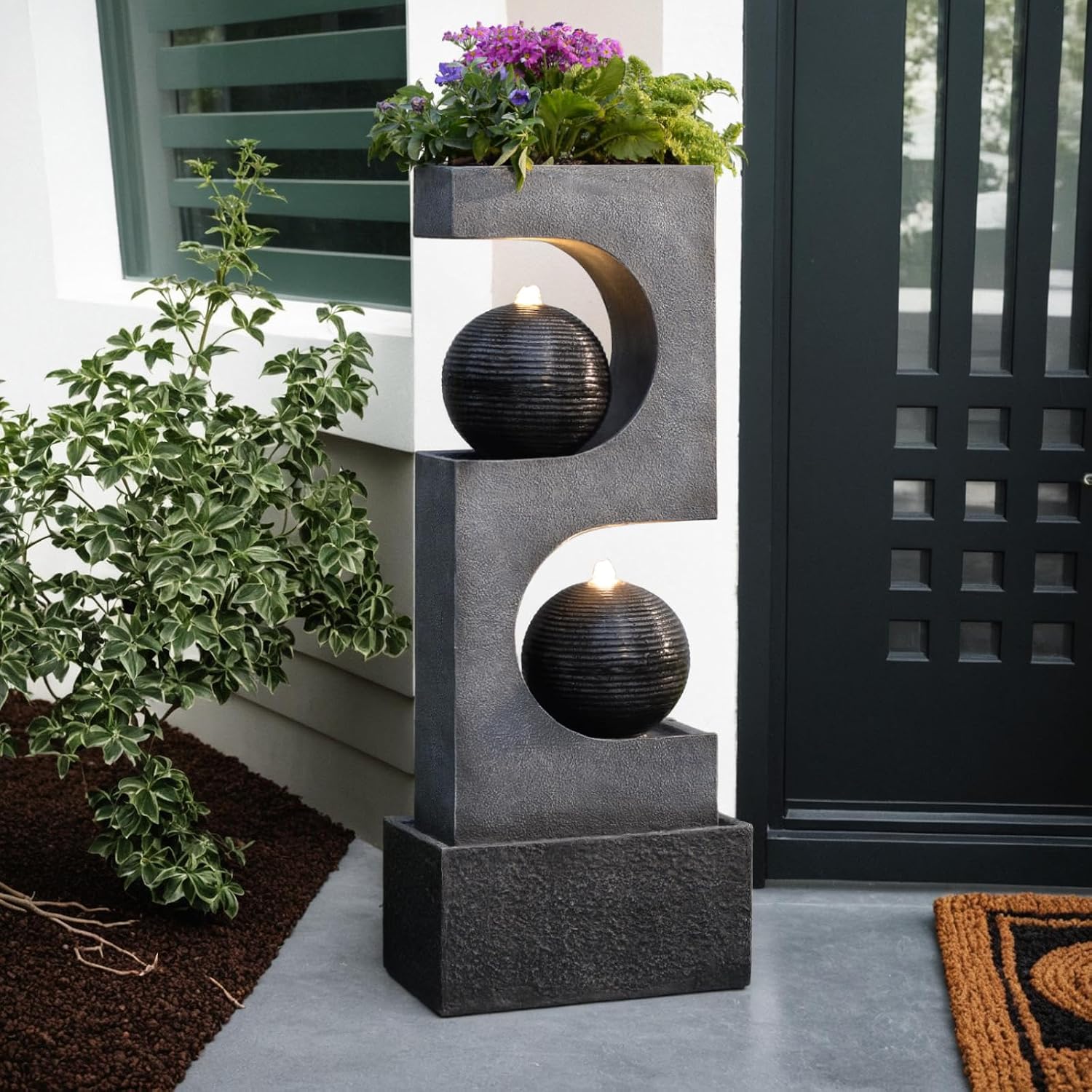 46''Tall Outdoor Water Fountain Water Garden Zen Fountains Indoor with Led Lights,Modern Sphere Curve for Garden Patio Yard Deck Home Decor Lawn Porch House